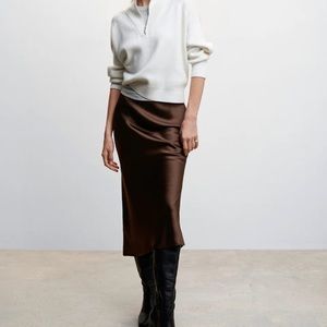 Mango - Midi Satin Skirt - Brown - Size Small